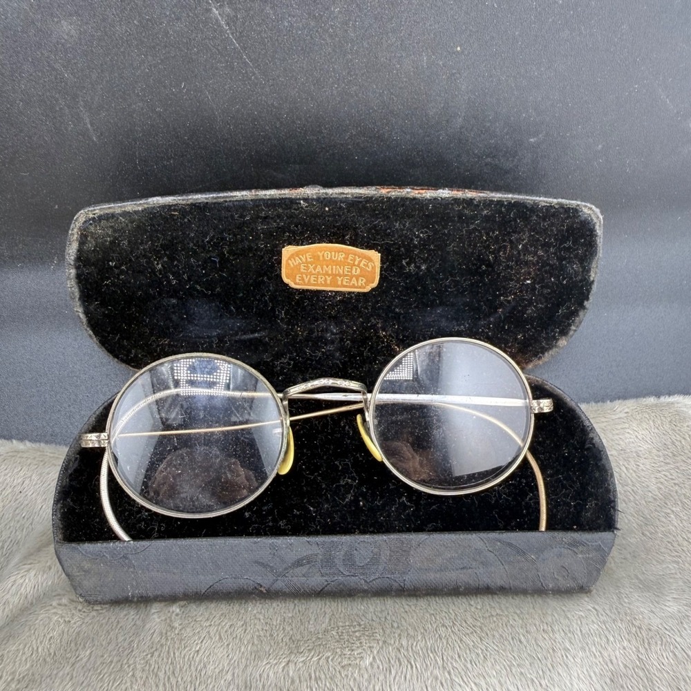 Vintage 12K Gold Filled Wire Frame Glasses Round Etched Gold Case